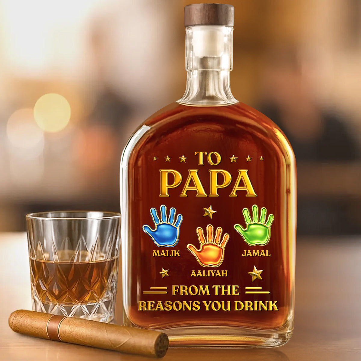 From The Reason You Drink Hand Prints - Personalized Whiskey Bottle - Father's Day, Gift For Dad, Grandpa
