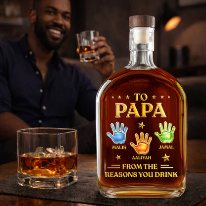 From The Reason You Drink Hand Prints - Personalized Whiskey Bottle - Father's Day, Gift For Dad, Grandpa