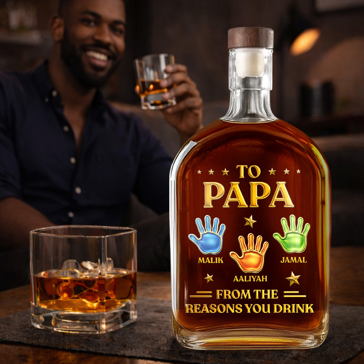 From The Reason You Drink Hand Prints - Personalized Whiskey Bottle - Father's Day, Gift For Dad, Grandpa