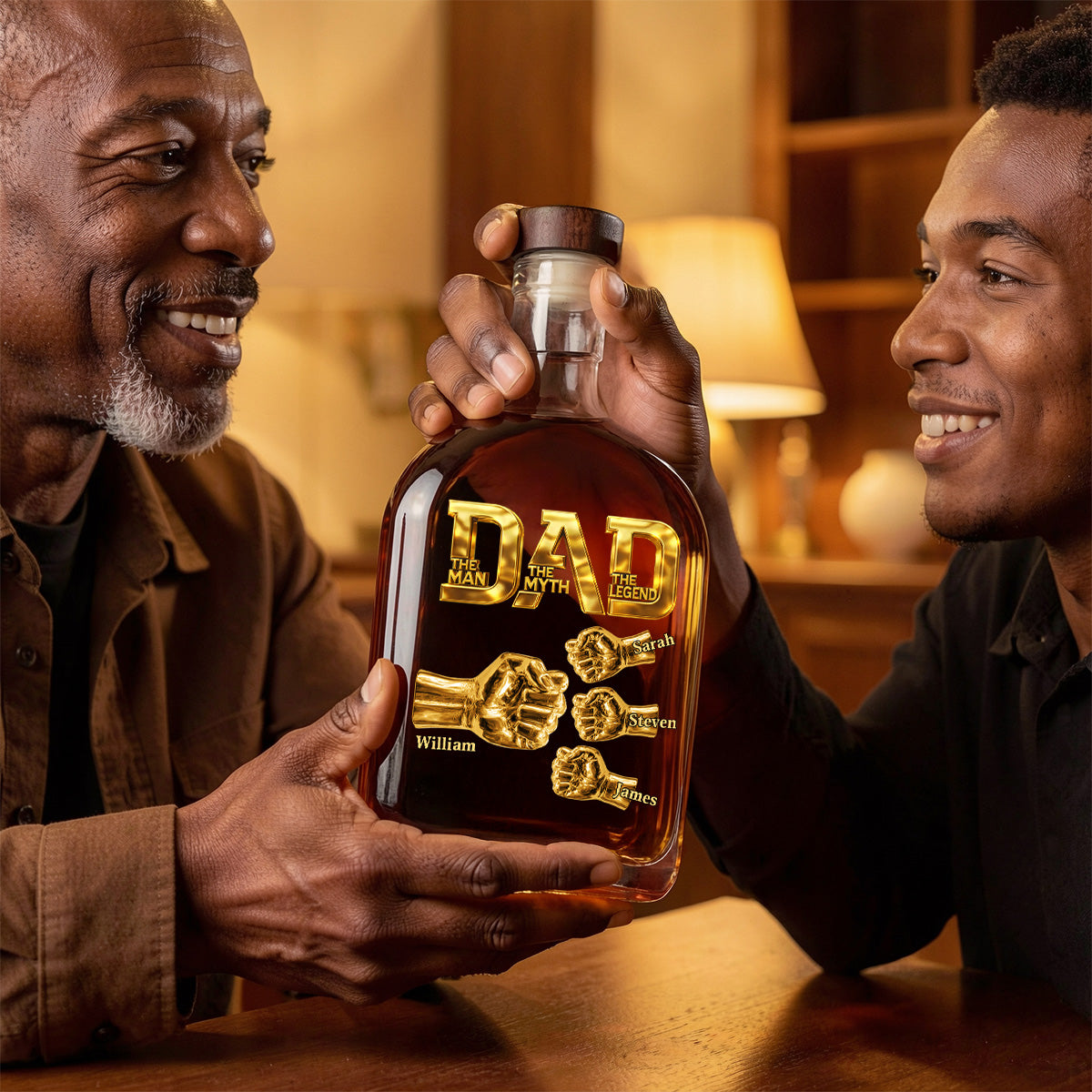 Dad The Man The Myth The Legend - Personalized Whiskey Bottle Fist Bump Daddy , Custom Whiskey Bottle with Kids Name, Gifts for Dad, Daddy, Grandpa, Husband On Fathers Days