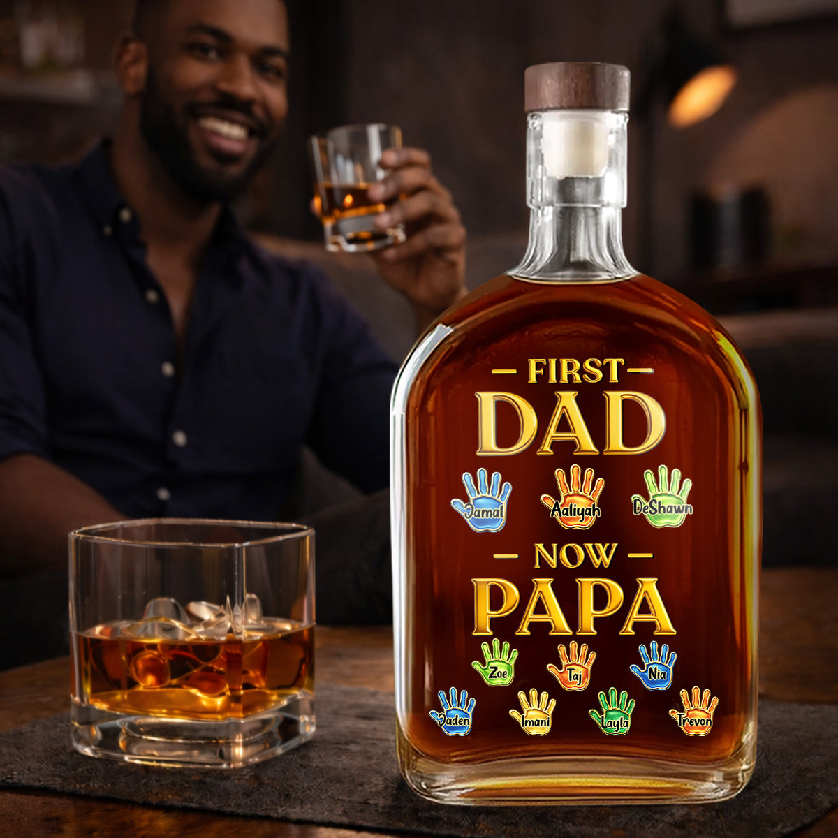 First Dad Now PaPa - Personalized Whiskey Bottle Custom Whiskey Bottle with Kids Name, Gifts for Dad, Daddy, Grandpa, Husband On Fathers Days
