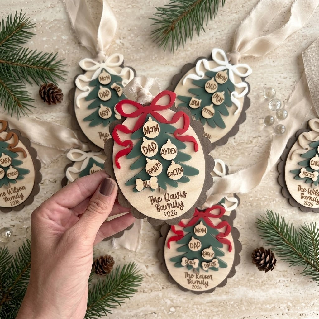 Personalized Family Ornament, Christmas Ornament, Scalloped Bow Ornament, Gift for Christmas, Family Ornament, Pet Ornament