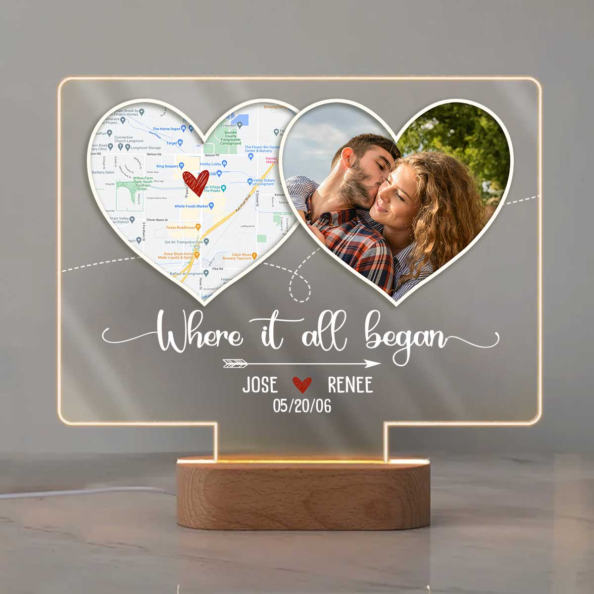 Where It All Began Personalized Location Map Acrylic Led Night Light, Romantic Valentines Gifts, Custom Heart Map And Picture Anniversary Gift