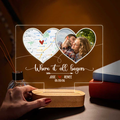 Where It All Began Personalized Location Map Acrylic Led Night Light, Romantic Valentines Gifts, Custom Heart Map And Picture Anniversary Gift