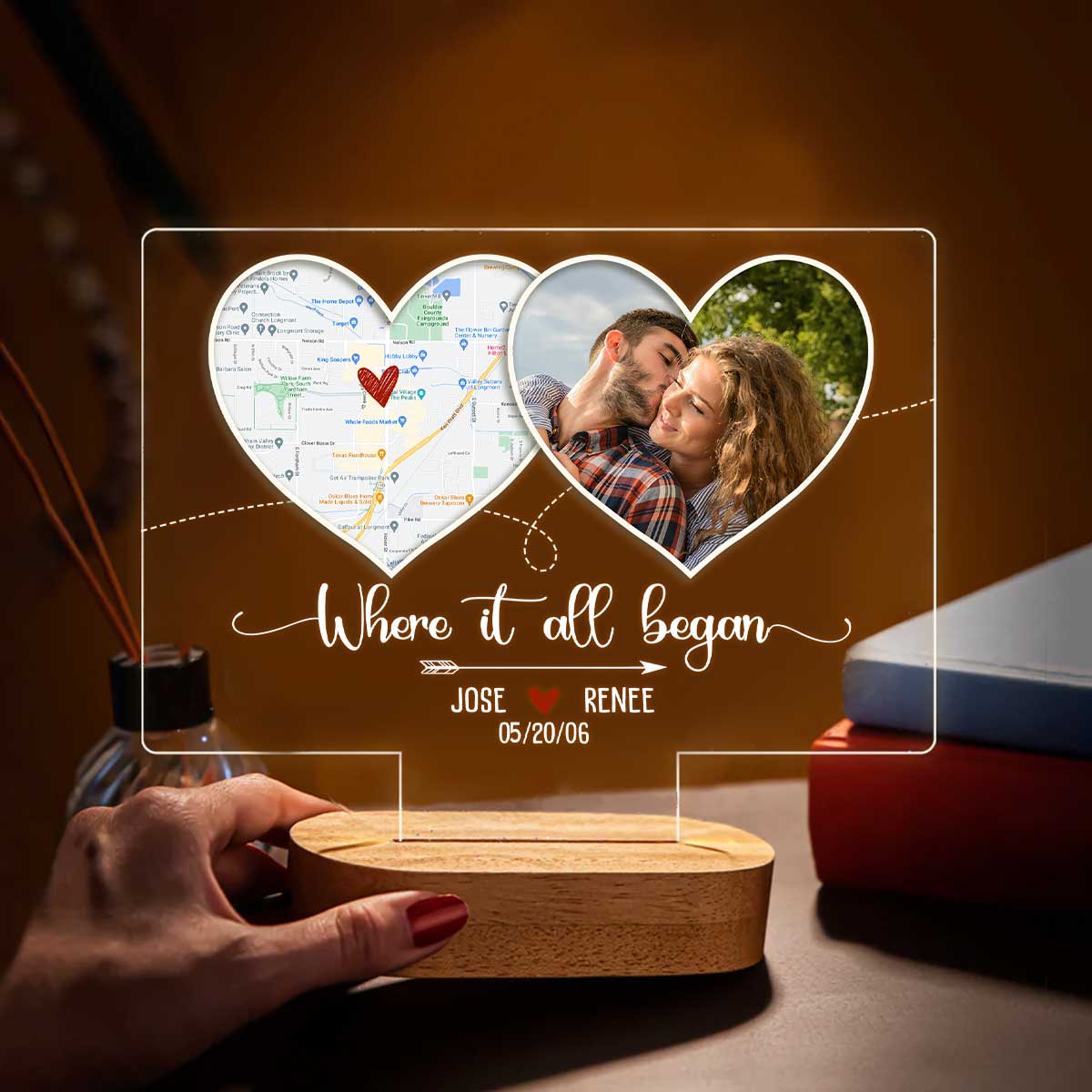 Where It All Began Personalized Location Map Acrylic Led Night Light, Romantic Valentines Gifts, Custom Heart Map And Picture Anniversary Gift