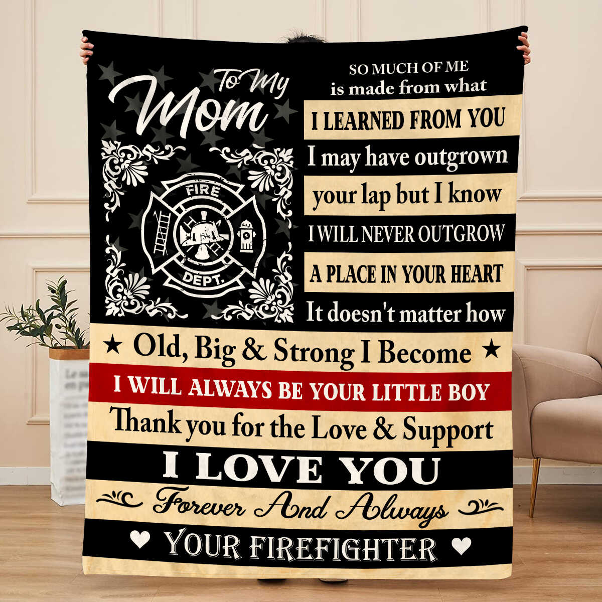 Firefighter Mom Blanket, Gift for Mom from Firefighter Son, Letter to Firefighter Mom Gift