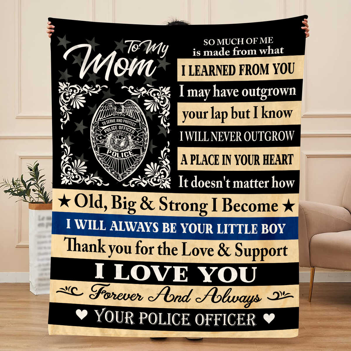 Personalized Police Mom Blanket, Gift for Mom from Police Son, Police Officer Gifts, Letter to Police Mom Gift