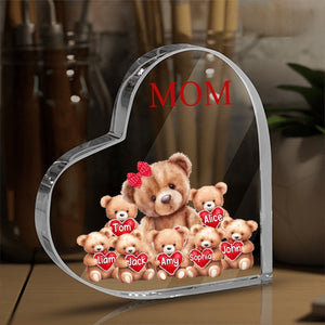 Mama Bear With Little Kids - Personalized Heart Shaped Acrylic Plaque - Gift For Grandma