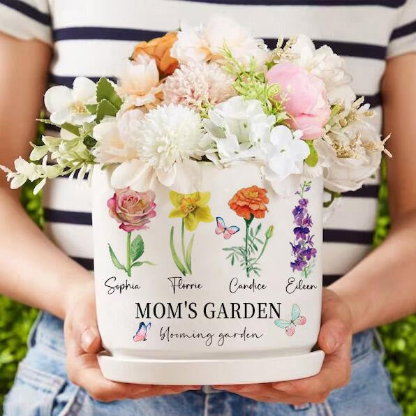 Personalized Grandma's Garden Outdoor Flower Pot With Grandkids Name and Birth Flower For Mother's Day