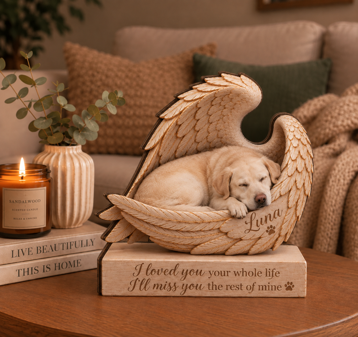 Personalized Wood German Shephed Memorial Block: Custom Angel Wing Dog Portrait Stand, Pet Sympathy Gift