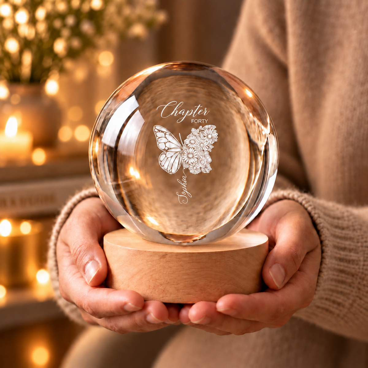 Personalized Birthday Butterfly Crystal Ball Night Light, Custom Name & Birth Flower, Chapter Forty Gift for Her, Milestone Birthday Keepsake For Hers