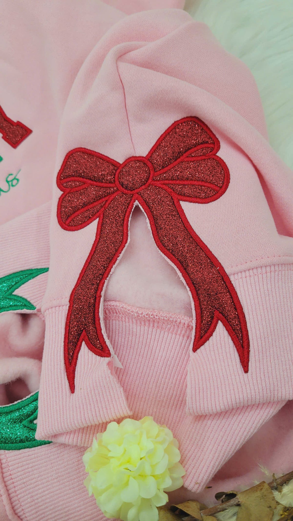 Merry and Bright Embroidered Side Bow Sweatshirt, Side Bow Applique Sweatshirt, Side Bow Applique Sweatshirt Christmas, Trendy Coquette Bow