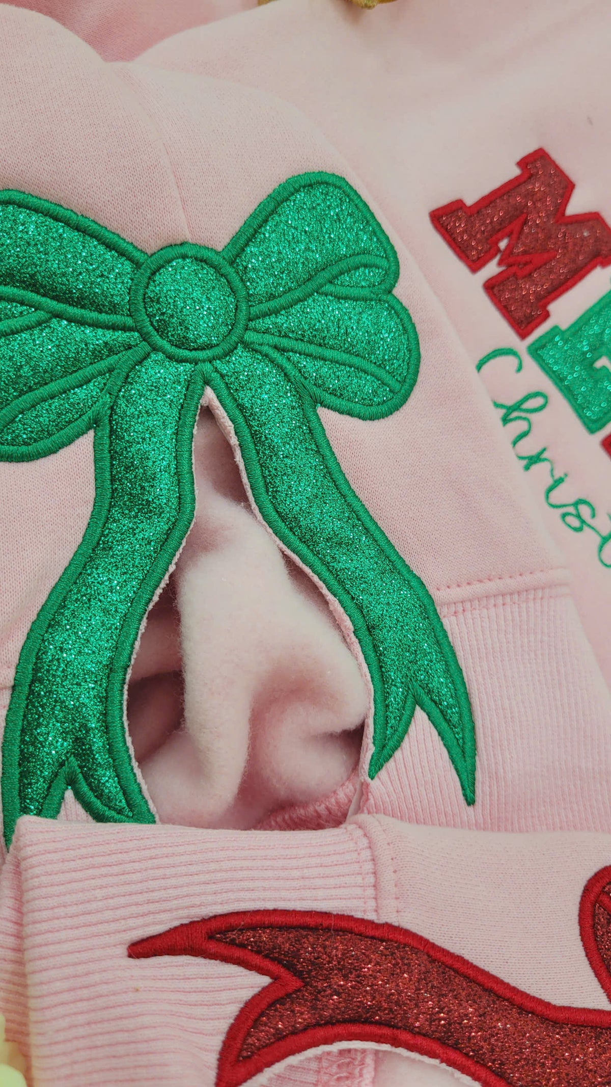 Merry and Bright Embroidered Side Bow Sweatshirt, Side Bow Applique Sweatshirt, Side Bow Applique Sweatshirt Christmas, Trendy Coquette Bow