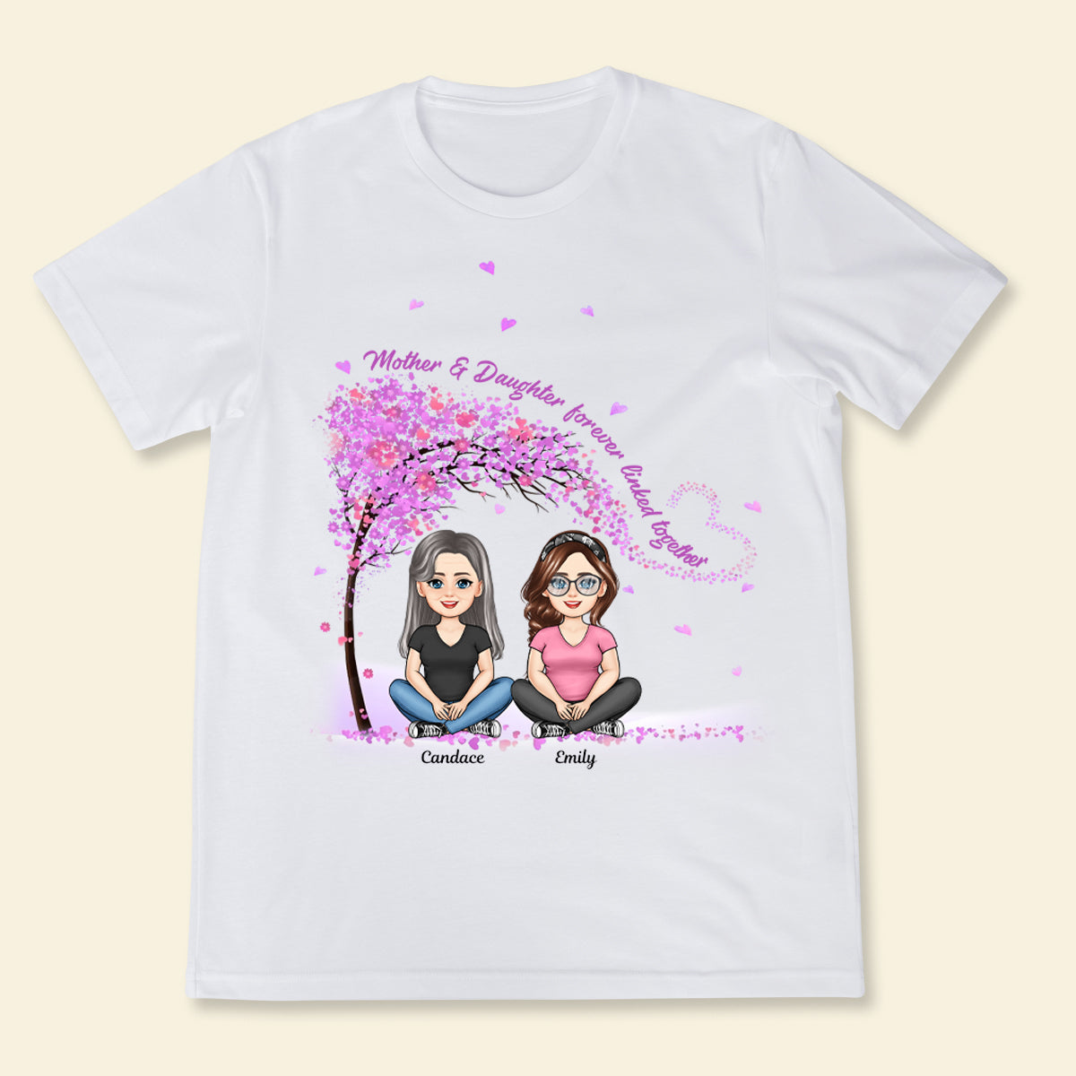 Mom And Daughters Sitting Under Purple Tree - Personalized Apprael - Mother's Day, Gift For Mother