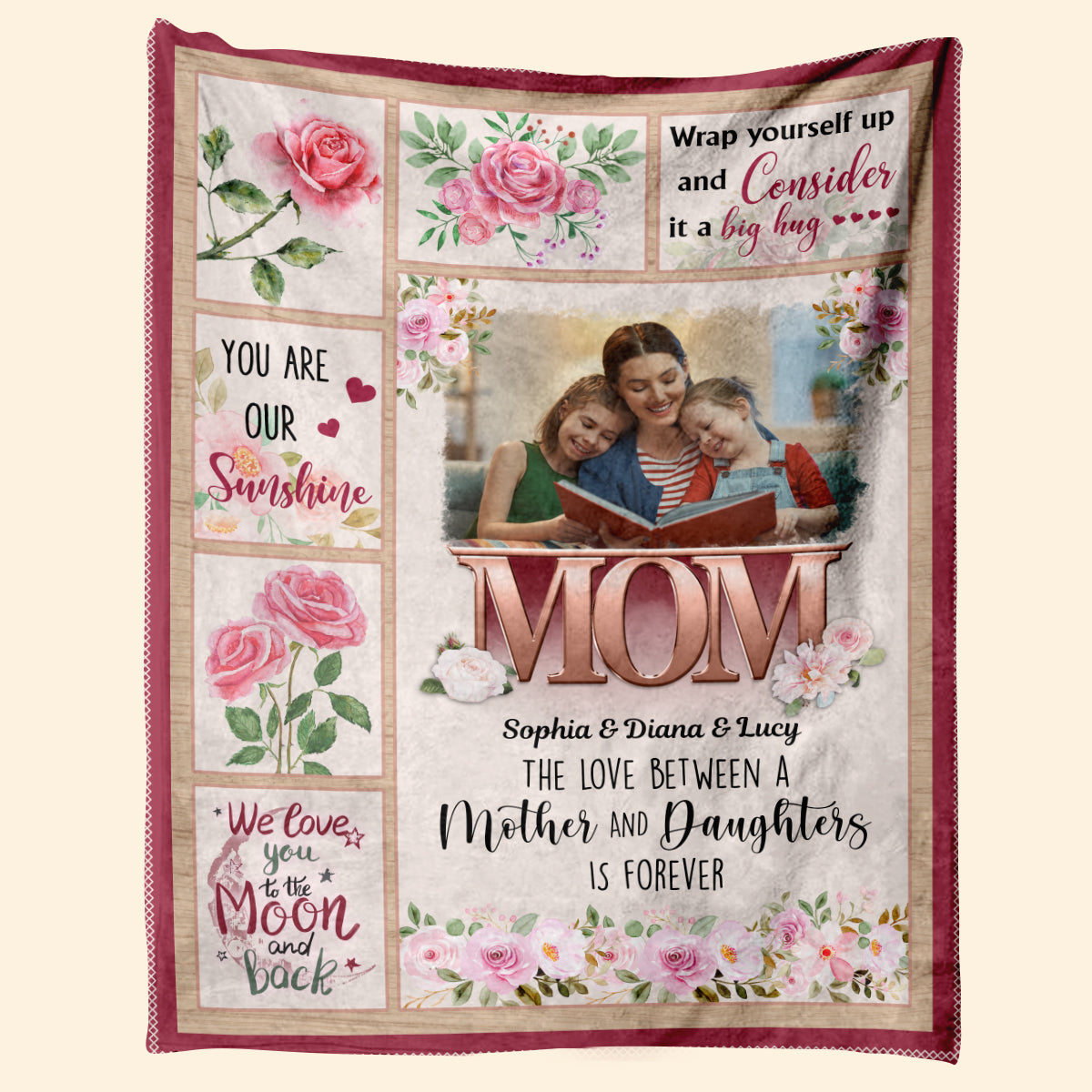 A blanket that wraps Mom up in a hug, personalized gift, send a hug, word  blanket, photo blanket, Mother's Day gift