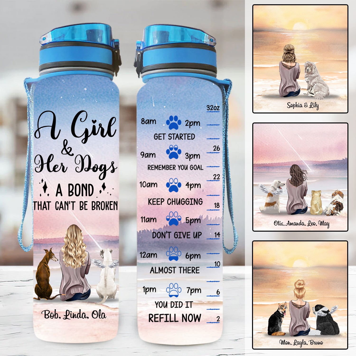 Angel Dog A Girl And Her Dogs A Bond Can't Be Broken Dog Mom Personalized Water Tracker Bottle