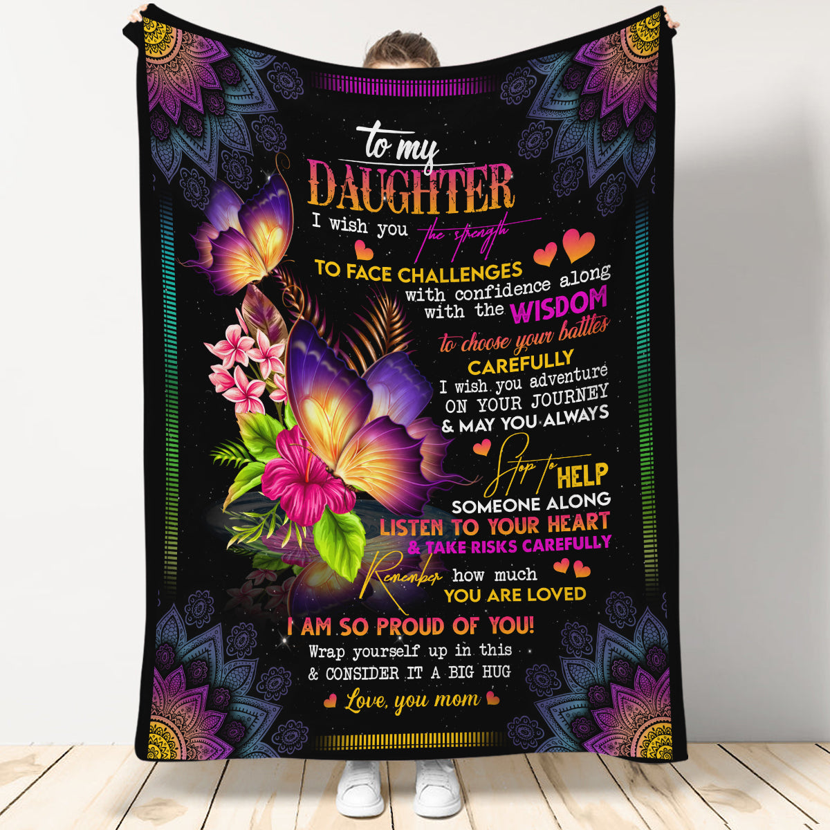 Gift For Daughter Blanket,  From Mom To My Daughter Butterflies Flowers I Wish You The Strength