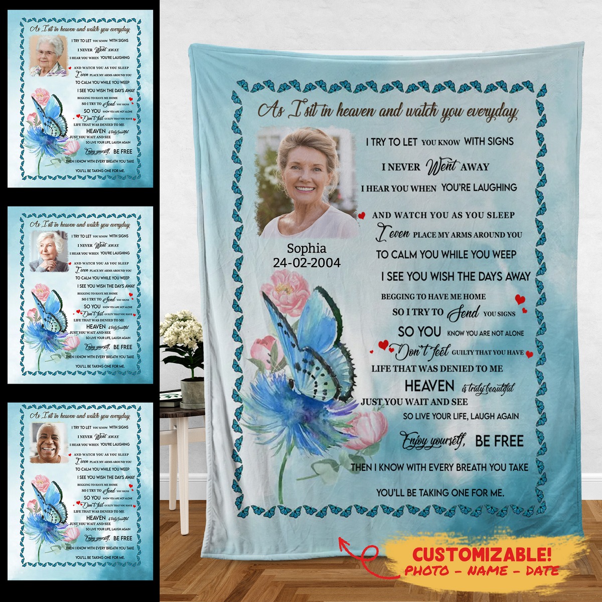 As I Sit In Heaven Blue Butterfly Custom Photo Blanket Memorial