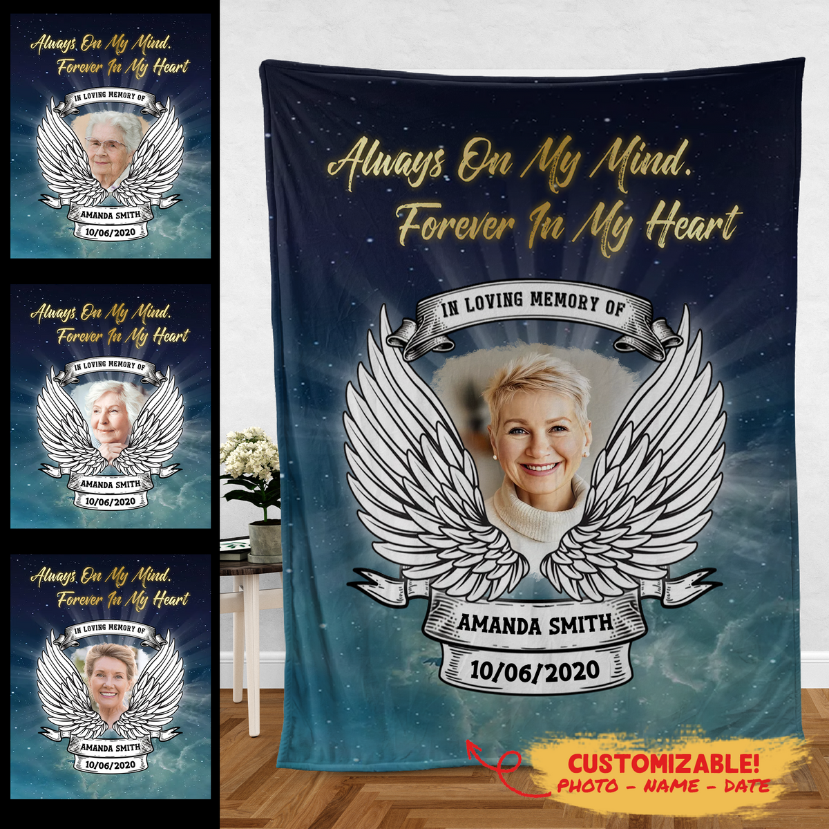 Rest In Peace Heaven Wings Personalized Photo Blanket Memorial Gift