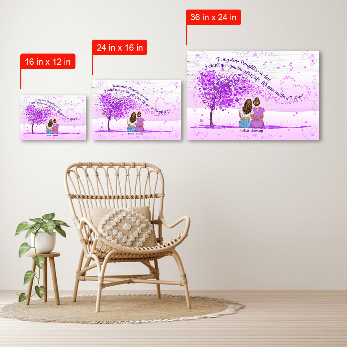 Mother And Daughter In Law Watercolor Tree - Personalized Canvas - Gift for Mother-in-law