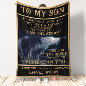Gift For Son Blanket, To My Son If They Whisper To You Mom Wolves Thunder Black Fleece Blanket