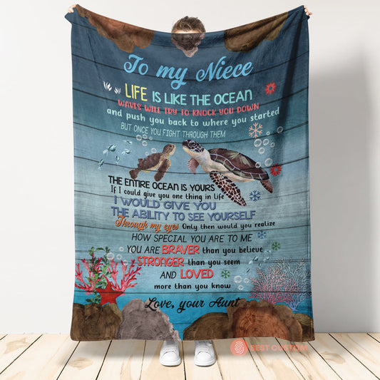 Gift For Niece Blanket, To My Niece Life Is Like The Ocean Sea Turtle - Love From Aunt