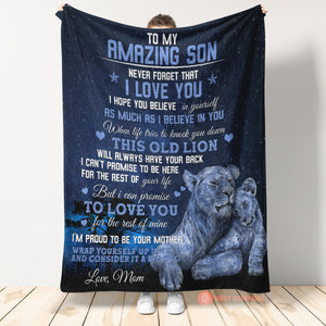 To My Amazing Son I'm Proud To Be Your Mother From Lion Mom Blanket Gift For SOn From Mom Birthday Gift Home Decor Bedding Couch Sofa Soft and Comfy Cozy