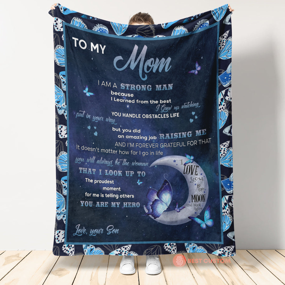 Gift For Mother Blanket, To My Mom From Son I Am A Strong Man, Butterfly Fleece Blanket