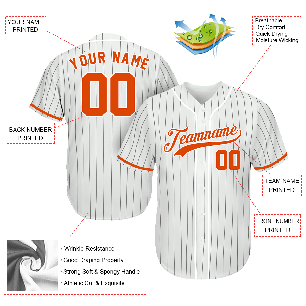 Baseball Jerseys Custom - Gifts Baseball Fans - Pinstripe White Orange - Father's Day Baseball Gifts