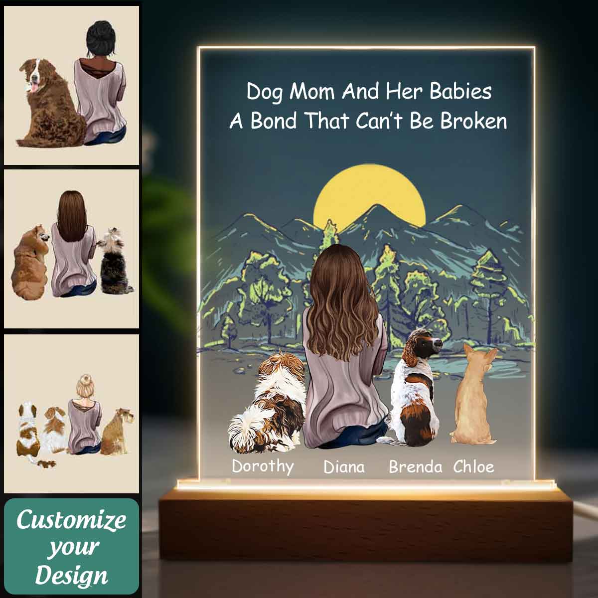 A Woman And Her Dogs A Bond That Can't Be Broken - Personalized 3D Led Light Wooden Base - Gift For Dog Lovers