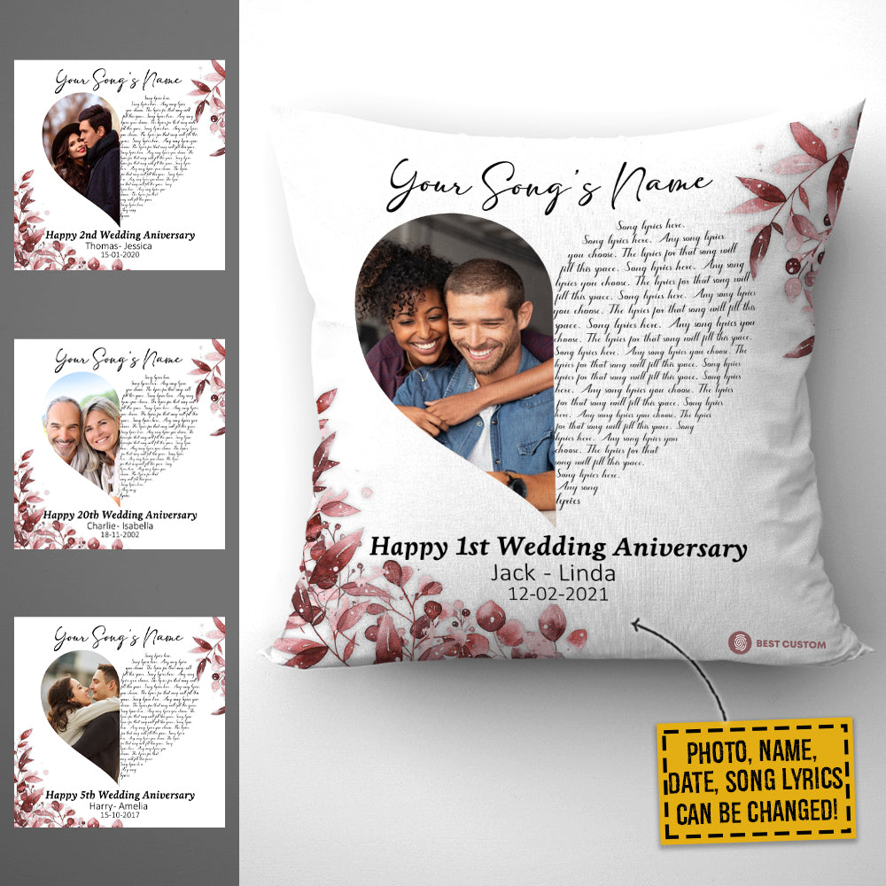 Gift For Couple Pillow, Personalized Heart Song Lyrics For Special Moment