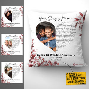Gift For Couple Pillow, Personalized Heart Song Lyrics For Special Moment