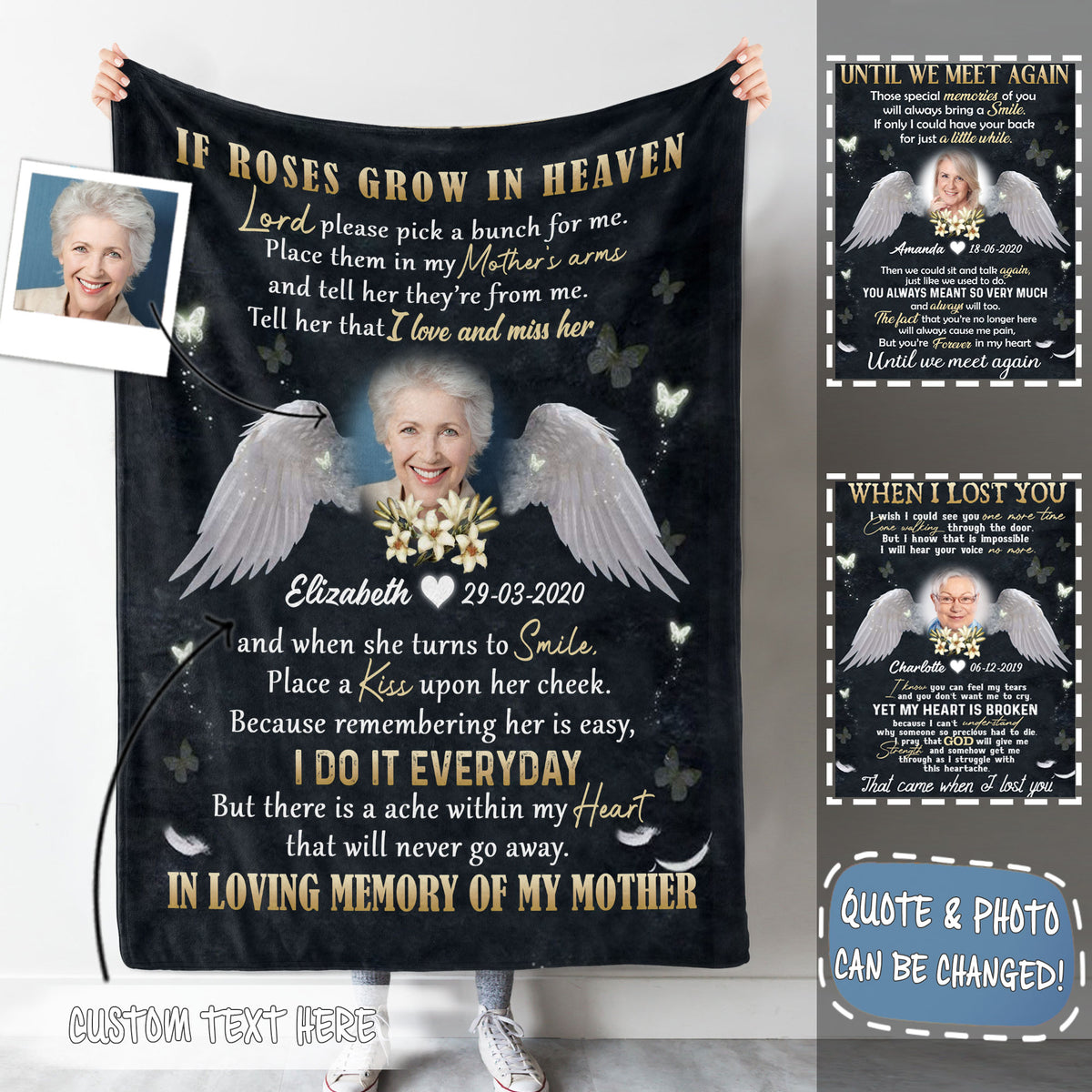 Angel Wings Flower Mother Upload Photo If Roses Grow In Heaven Personalized Fleece Blanket