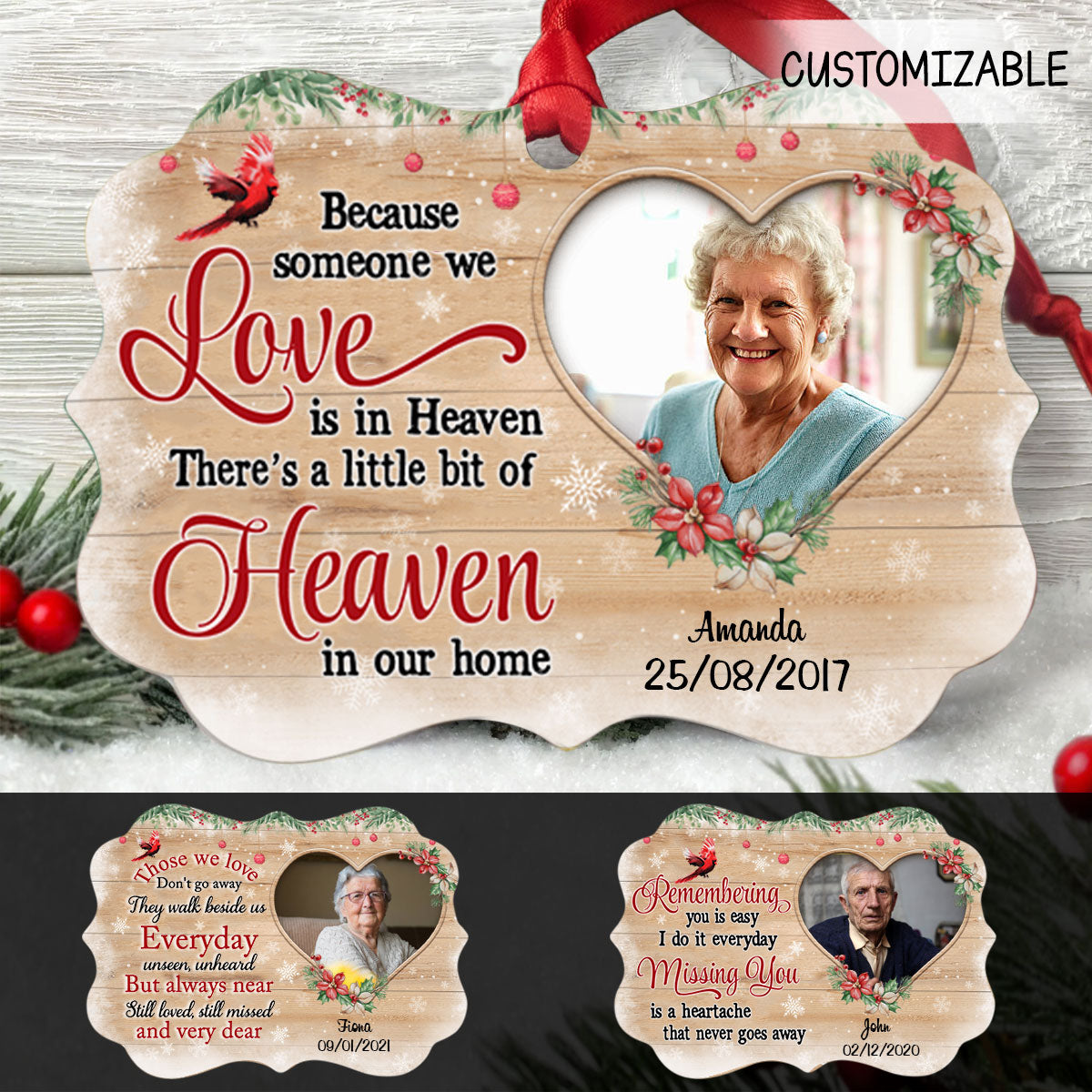 Christmas Wreath Heart Photo Memorial Personalized Aluminum Ornament Memorial Gift