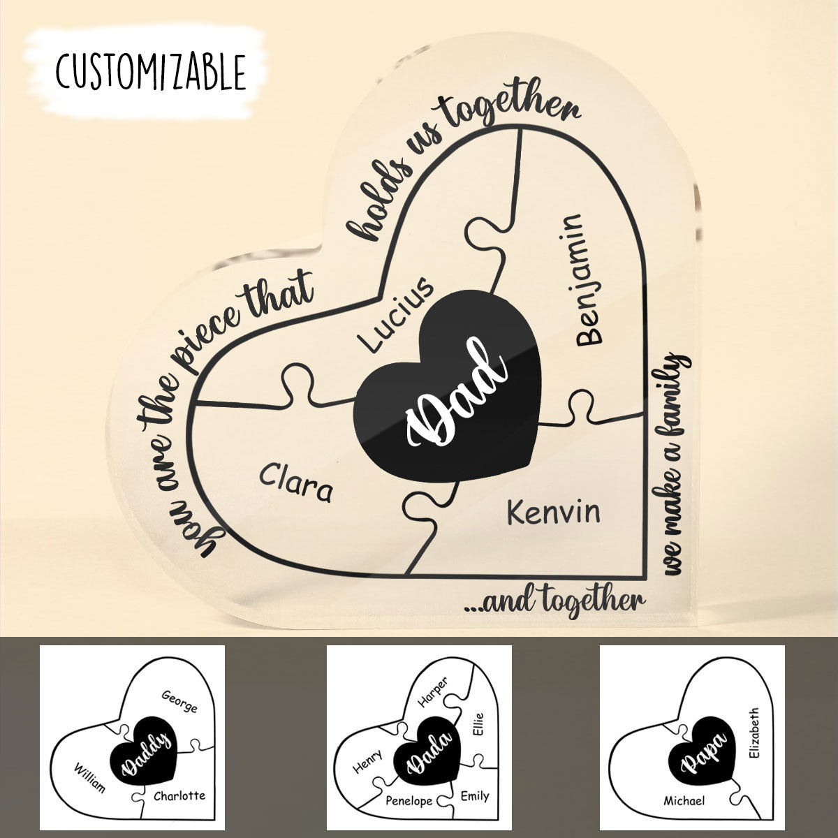 Custom kid name and tittle on Heart Shaped Acrylic Plaque With Memorial Quote For Father