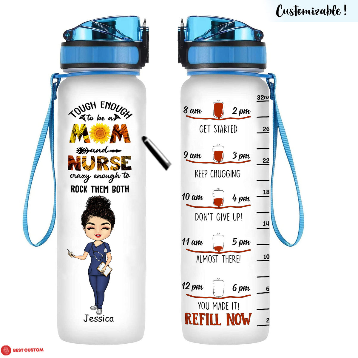 Tough Enough To Be A Mom And Nurse - Personalized Water Tracker Bottle - Gift For Mom