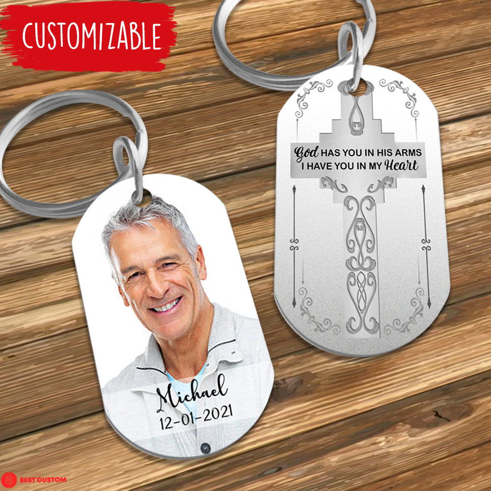 God Has You In His Arms - Personalized Photo Stainless Steel Keychain - Memorial
