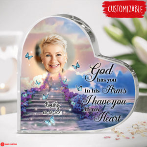 God Has You In His Arms Custom Photo Heart Shaped Acrylic Plaque Memorial
