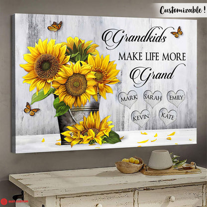 Grandkids Make Life More Grand, Sunflower - Personalized Canvas - Gift For Grandma