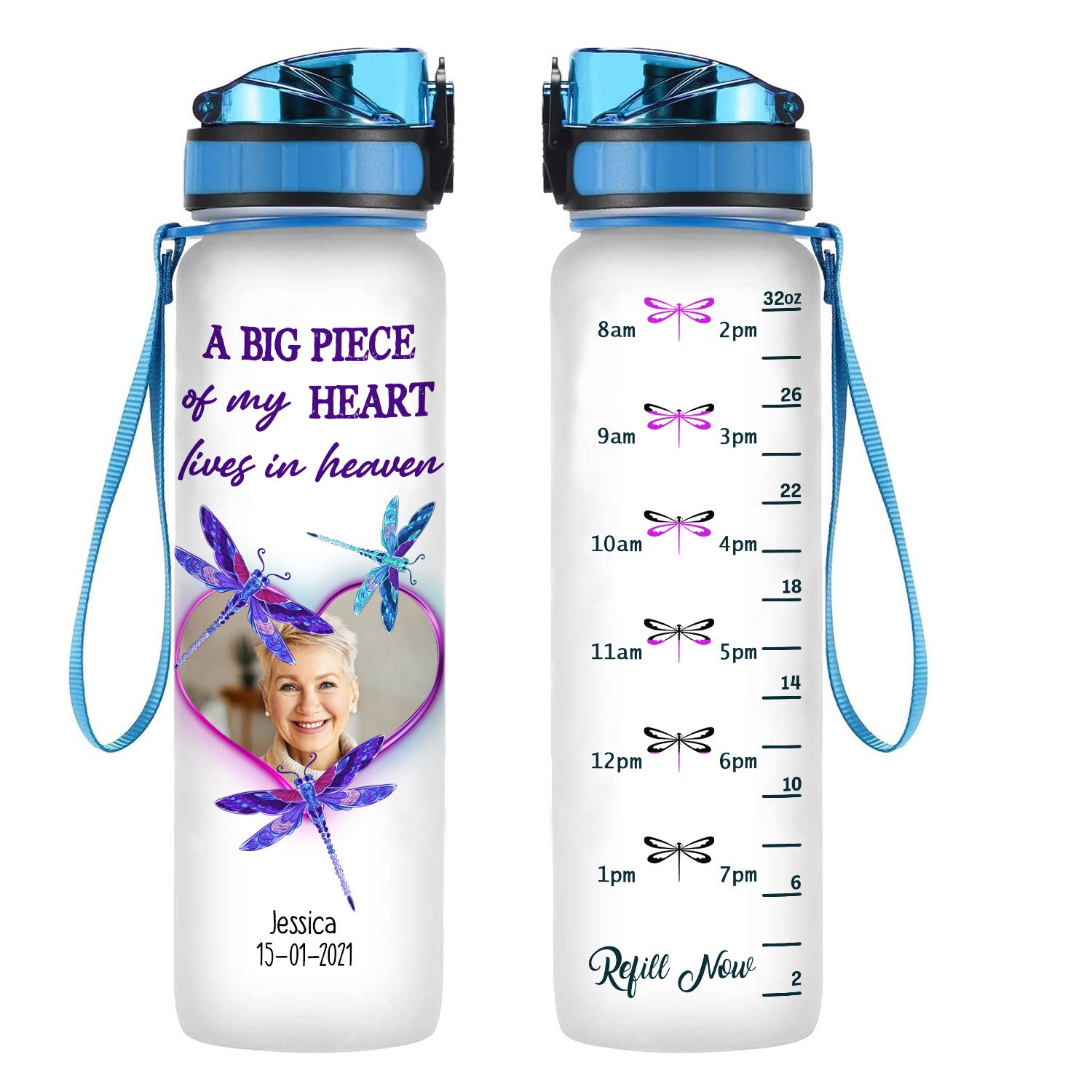A Big Piece Of My Heart Lives In Heaven, Dragonfly - Personalized Photo Water Tracker Bottle - Memorial