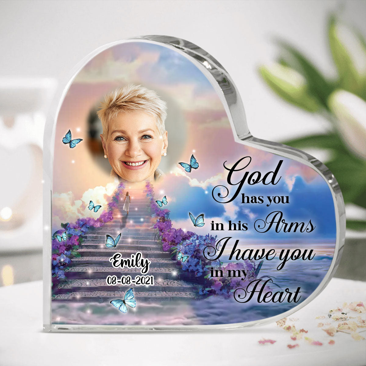 God Has You In His Arms Custom Photo Heart Shaped Acrylic Plaque Memorial