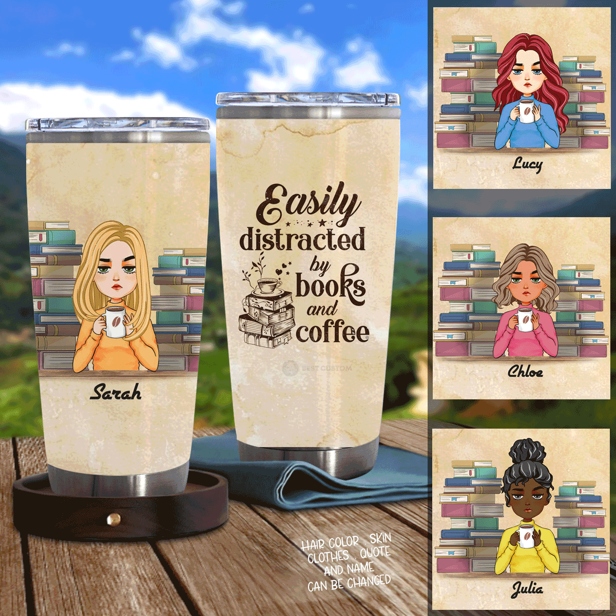 Easily Distracted By Books And Coffee - Personalized Tumbler - Book