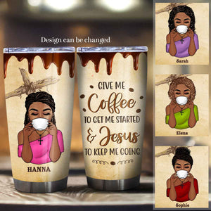 Give Me Coffee To Get Me Started & Jesus To Keep Me Going Personalized Travel Mug Tumbler - Black Pride