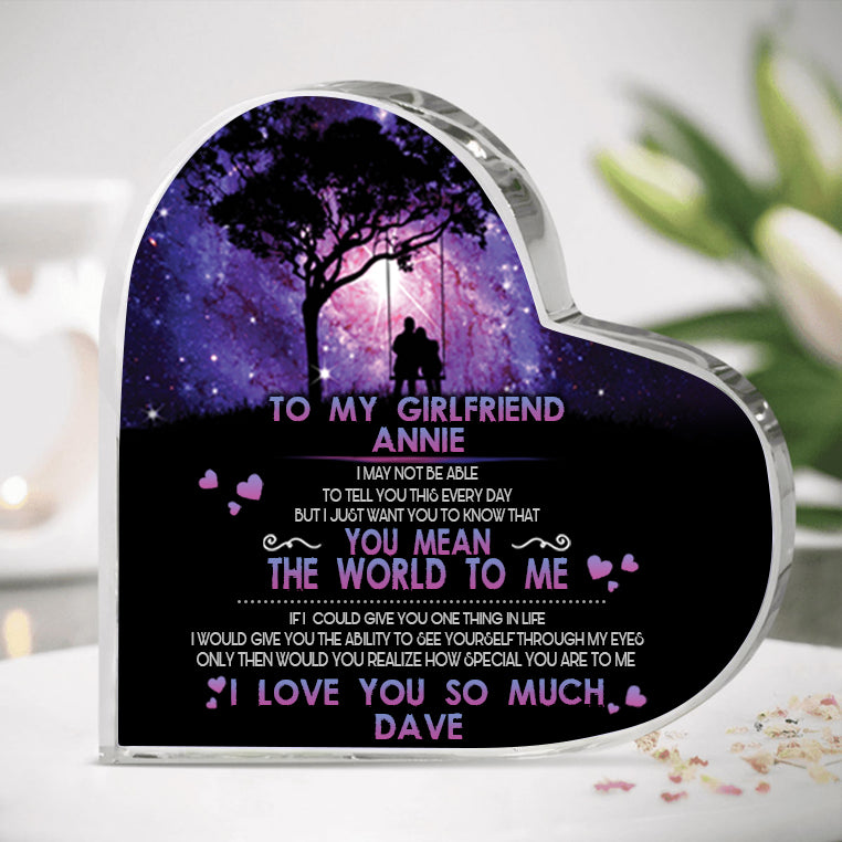 To My Girlfriend, You Mean The World To Me Personalized Heart Shaped Acrylic Plaque - Gift For Girlfriend
