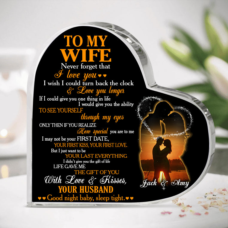 To My Wife, Never Forget That I Love You Personalized Heart Shaped Acrylic Plaque - Gift For Wife