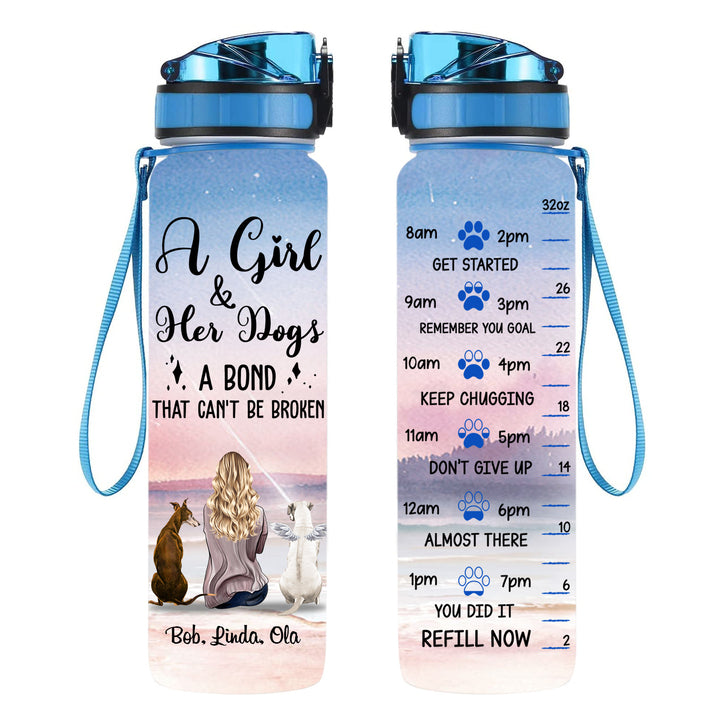 Angel Dog A Girl And Her Dogs A Bond Can't Be Broken Dog Mom Personalized Water Tracker Bottle