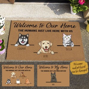 Cute Dog And Naive Cat, Welcome To My Home The Humans Just Live Here With Me For Pet Lovers Personalized Doormat HQ banner_cute_pet.2.jpg?v=1625046731