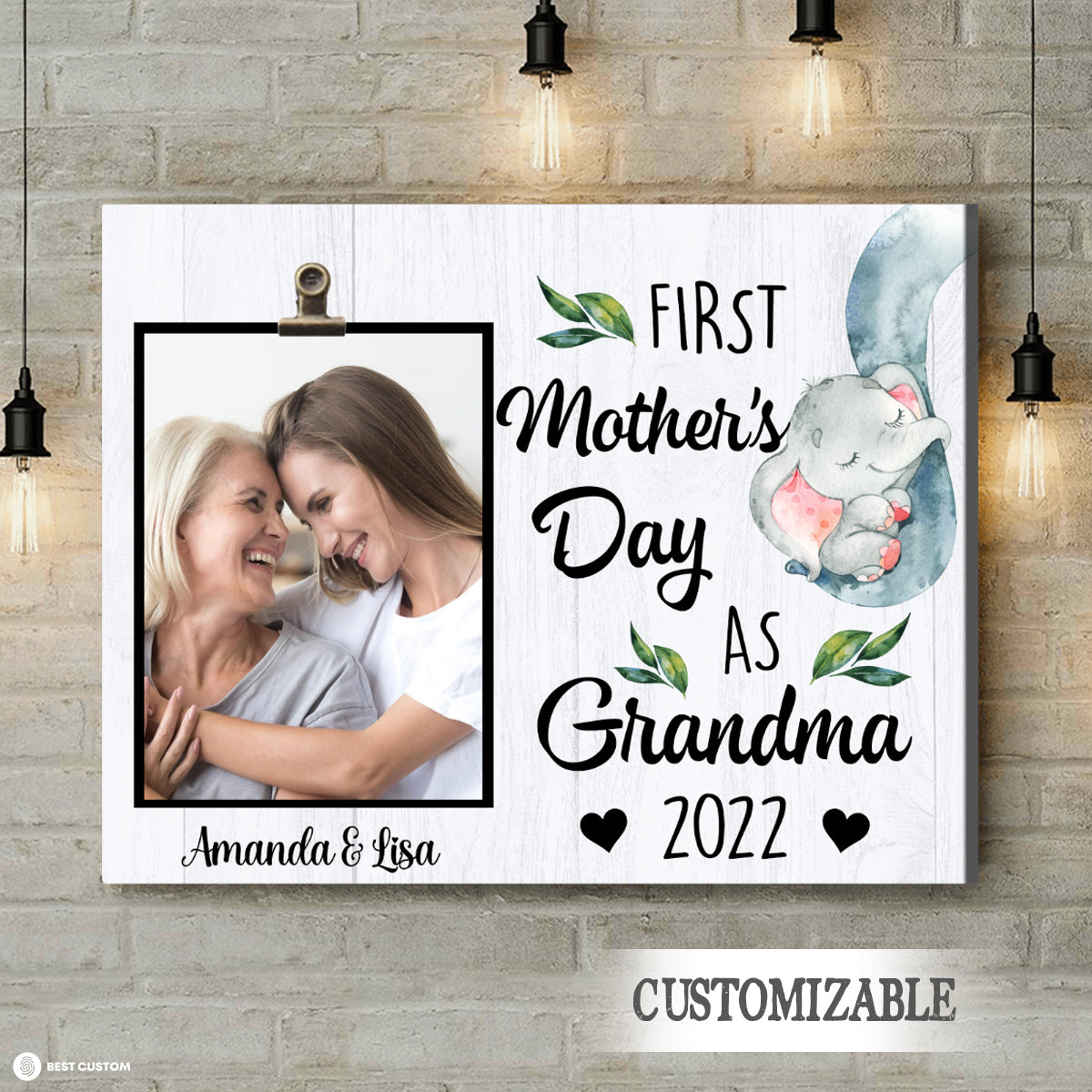 Elephants First Mother's Day As Grandma - Personalized Photo Canvas - Gift For Mom