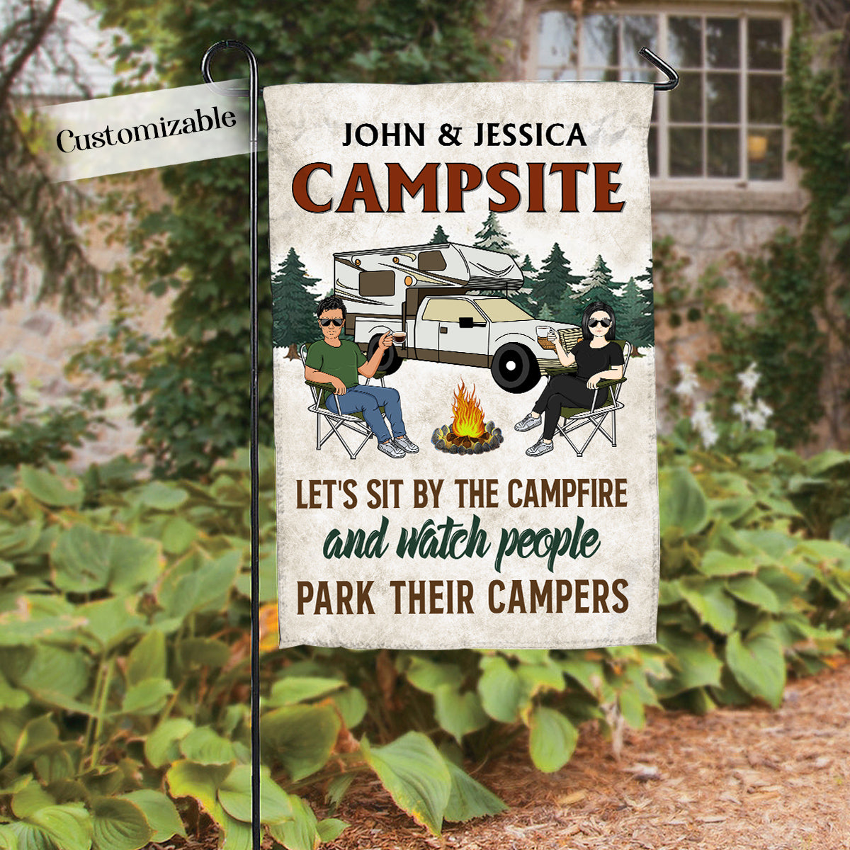 Husband & Wife Let's Sit By The Campfire - Personalized Flag - Camping