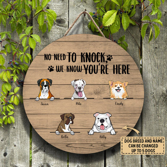 Cute Dog, No need to Knock We Know You Are Here Round Personalized Wood Sign bannerwoodsign.jpg?v=1618286040